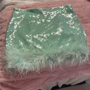 PrettyLittleThing Sequin Feather Trim Skirt - Mint Green